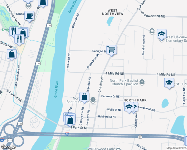 map of restaurants, bars, coffee shops, grocery stores, and more near 652 4 Mile Road Northeast in Grand Rapids