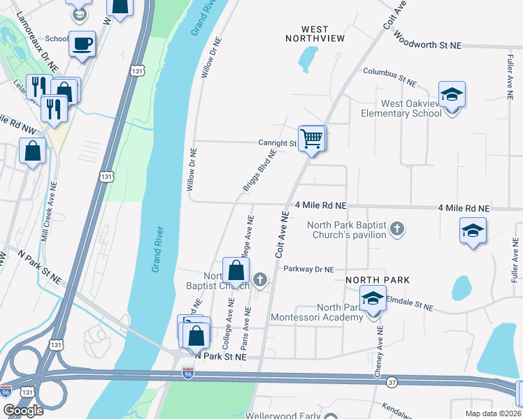 map of restaurants, bars, coffee shops, grocery stores, and more near 652 4 Mile Road Northeast in Grand Rapids