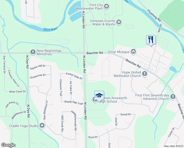 map of restaurants, bars, coffee shops, grocery stores, and more near 1448 Walnut View Street in Flint