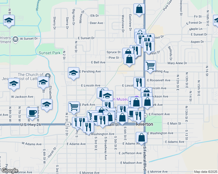 map of restaurants, bars, coffee shops, grocery stores, and more near 500 E Lincoln Ave in Riverton