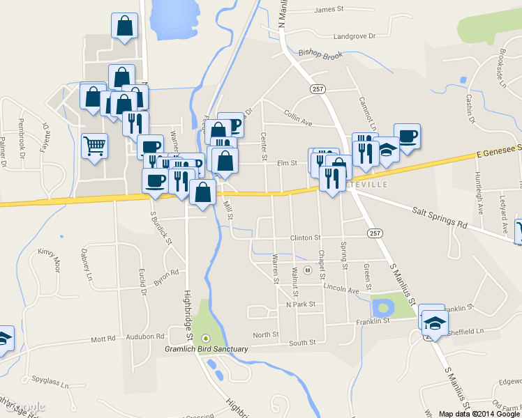 map of restaurants, bars, coffee shops, grocery stores, and more near 102 Warren Street in Fayetteville