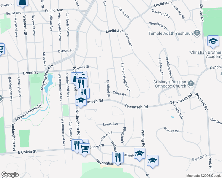 map of restaurants, bars, coffee shops, grocery stores, and more near 20 Bradford Drive in Syracuse
