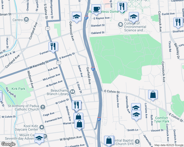map of restaurants, bars, coffee shops, grocery stores, and more near 103-05 Glass Terrace in Syracuse