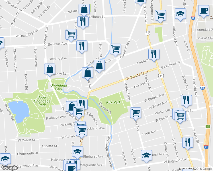 map of restaurants, bars, coffee shops, grocery stores, and more near 340 New York 175 in Syracuse