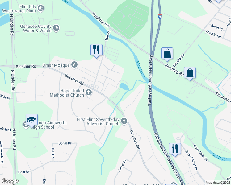 map of restaurants, bars, coffee shops, grocery stores, and more near 4376 Beecher Road in Flint