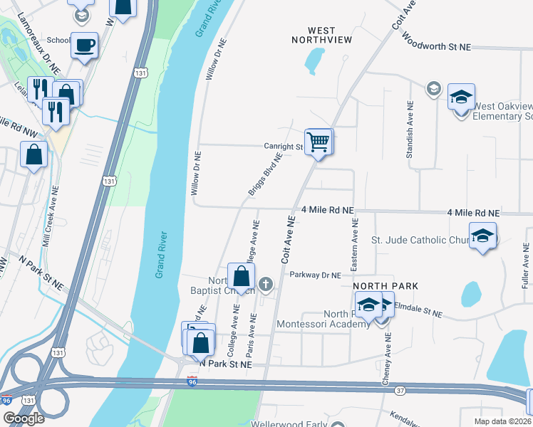 map of restaurants, bars, coffee shops, grocery stores, and more near 647 4 Mile Road Northeast in Grand Rapids