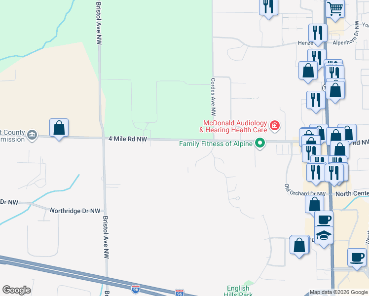 map of restaurants, bars, coffee shops, grocery stores, and more near 1324 4 Mile Road Northwest in Grand Rapids