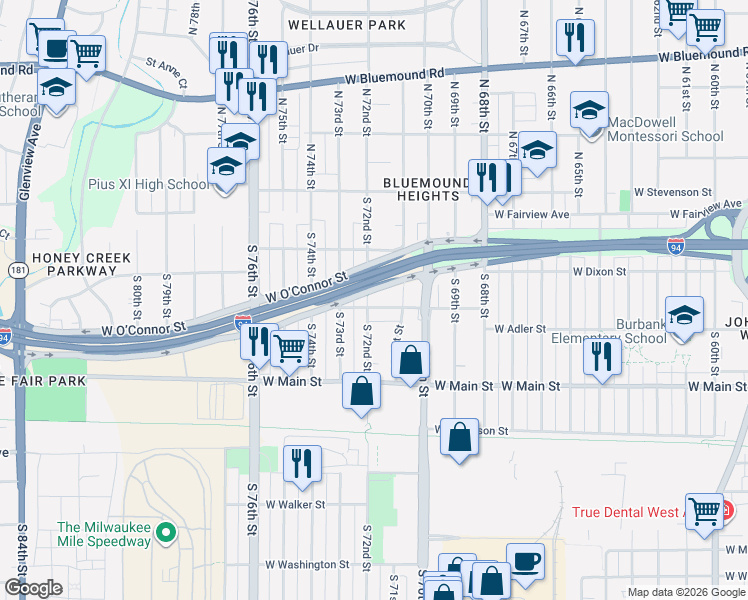 map of restaurants, bars, coffee shops, grocery stores, and more near 316 South 72nd Street in Milwaukee