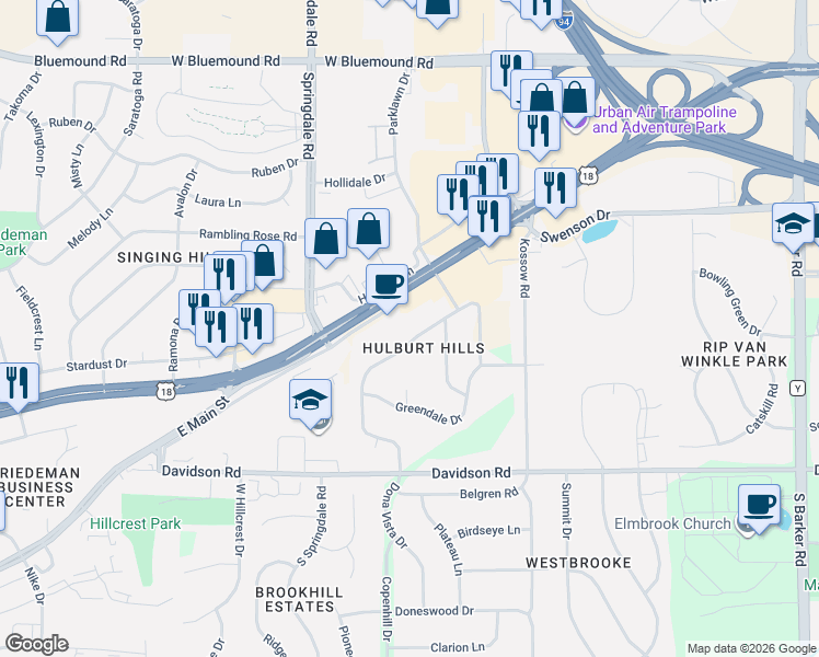 map of restaurants, bars, coffee shops, grocery stores, and more near 21690 Hillcrest Drive in Waukesha