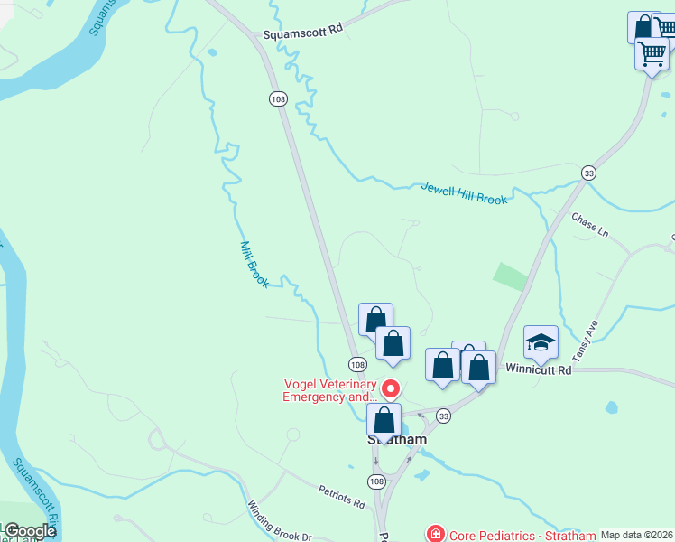 map of restaurants, bars, coffee shops, grocery stores, and more near 3 Stratham Green in Stratham