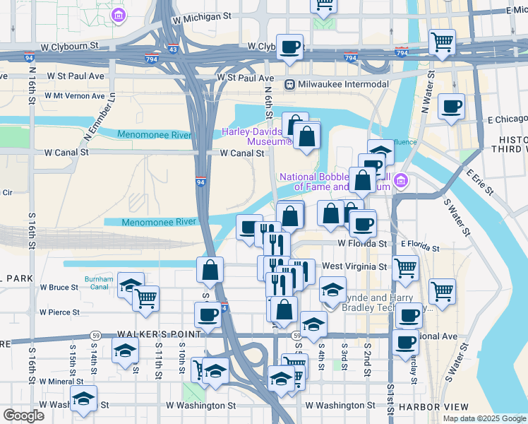 map of restaurants, bars, coffee shops, grocery stores, and more near 640 West Freshwater Way in Milwaukee