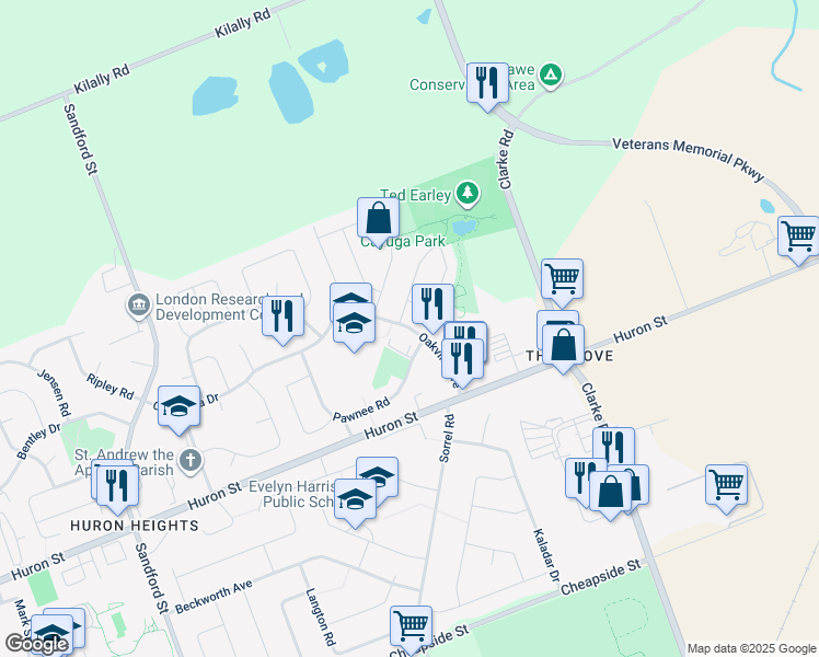 map of restaurants, bars, coffee shops, grocery stores, and more near 50 Oakville Avenue in London