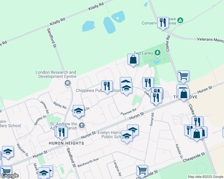 map of restaurants, bars, coffee shops, grocery stores, and more near 1045 Apache Road in London