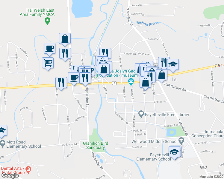 map of restaurants, bars, coffee shops, grocery stores, and more near 114 East Genesee Street in Fayetteville