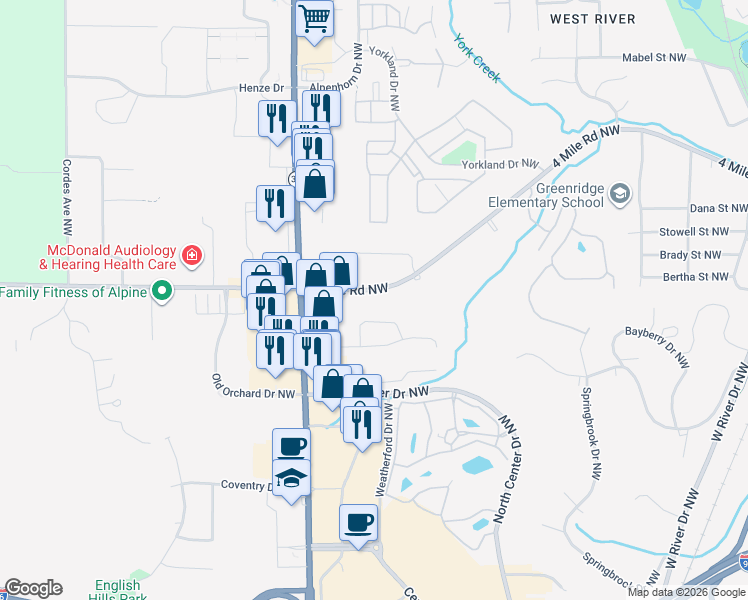 map of restaurants, bars, coffee shops, grocery stores, and more near 670 4 Mile Road Northwest in Comstock Park