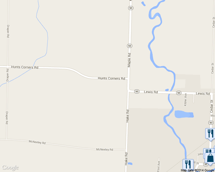 map of restaurants, bars, coffee shops, grocery stores, and more near 12605 Hunts Corners Road in Akron