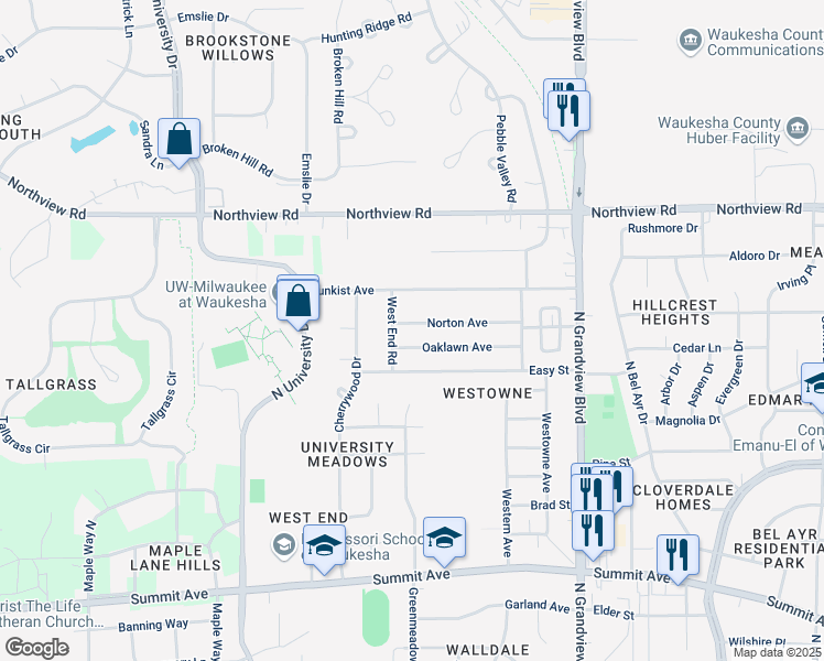 map of restaurants, bars, coffee shops, grocery stores, and more near 1505 West End Road in Waukesha