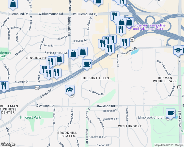 map of restaurants, bars, coffee shops, grocery stores, and more near 21690 Hillcrest Drive in Waukesha