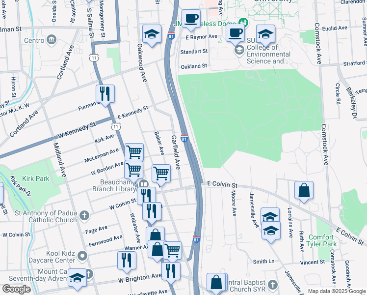 map of restaurants, bars, coffee shops, grocery stores, and more near 103-05 Glass Terrace in Syracuse