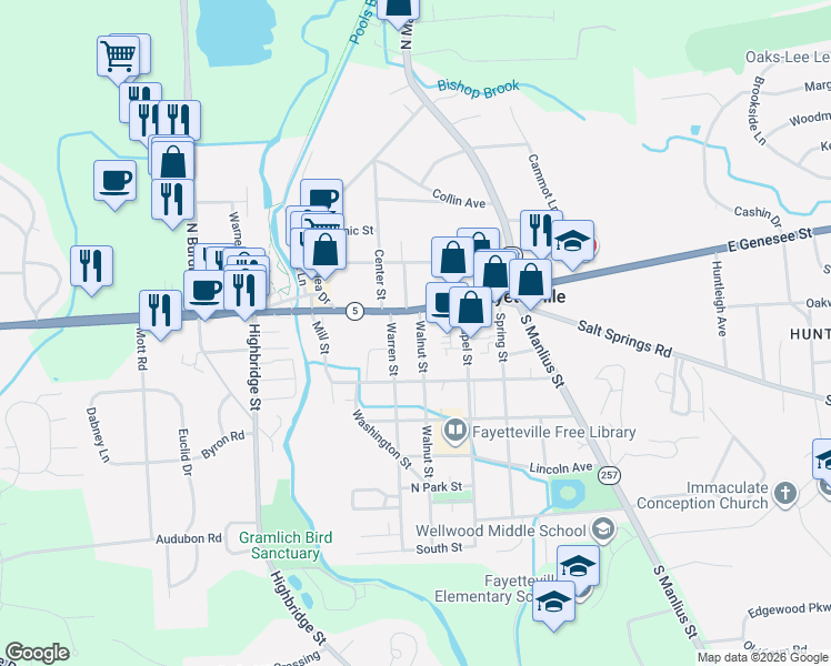 map of restaurants, bars, coffee shops, grocery stores, and more near 300 East Genesee Street in Fayetteville