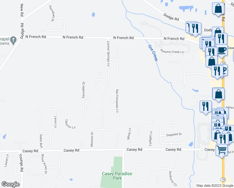 map of restaurants, bars, coffee shops, grocery stores, and more near 137 San Fernando Lane in East Amherst