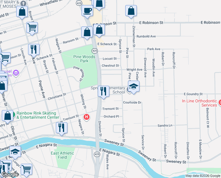 map of restaurants, bars, coffee shops, grocery stores, and more near 532 Christiana Street in North Tonawanda