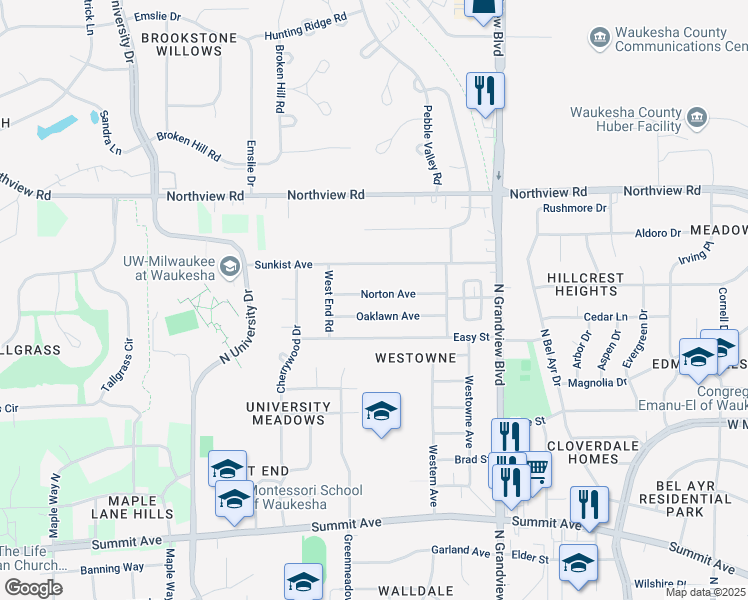 map of restaurants, bars, coffee shops, grocery stores, and more near 2125 Norton Avenue in Waukesha