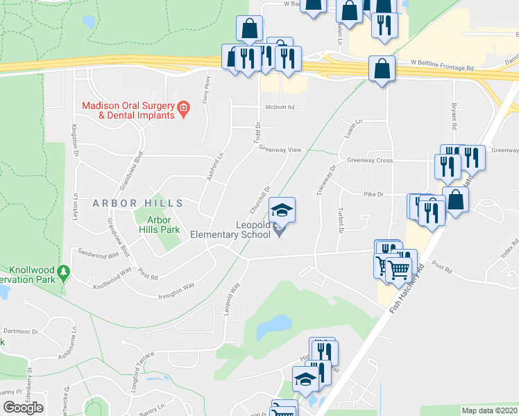 map of restaurants, bars, coffee shops, grocery stores, and more near 3107 Churchill Drive in Madison