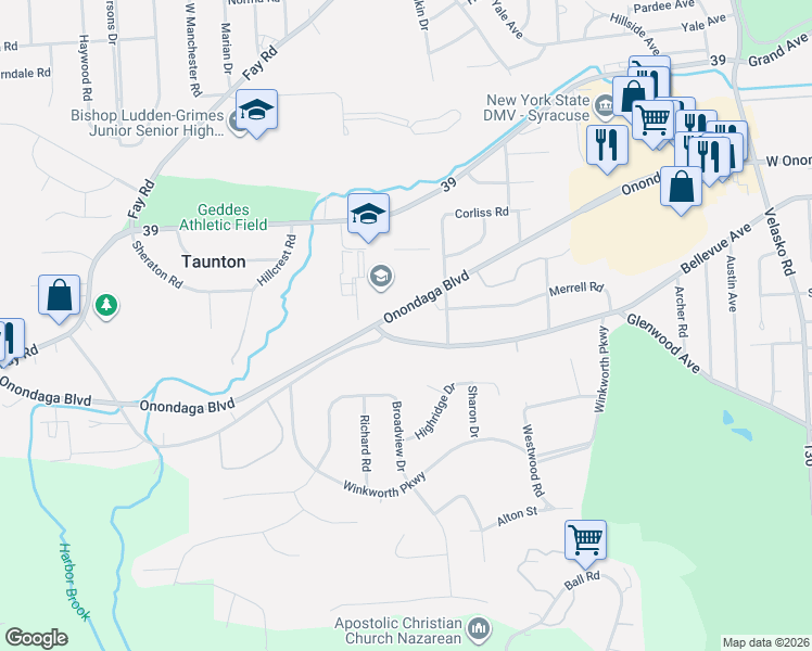 map of restaurants, bars, coffee shops, grocery stores, and more near 4488 Onondaga Boulevard in Syracuse