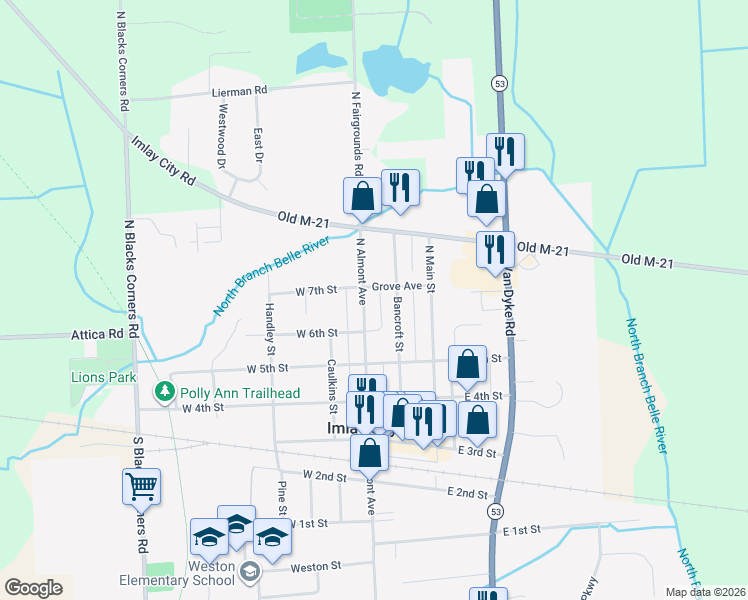map of restaurants, bars, coffee shops, grocery stores, and more near 480 North Almont Avenue in Imlay City