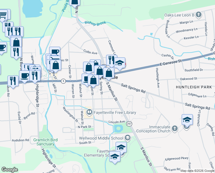 map of restaurants, bars, coffee shops, grocery stores, and more near 210 South Manlius Street in Fayetteville