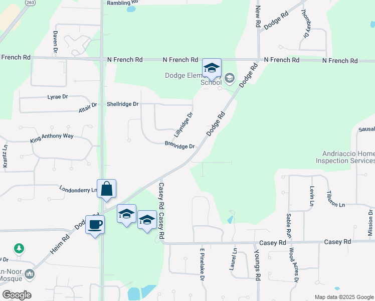 map of restaurants, bars, coffee shops, grocery stores, and more near 220 Brenridge Drive in East Amherst