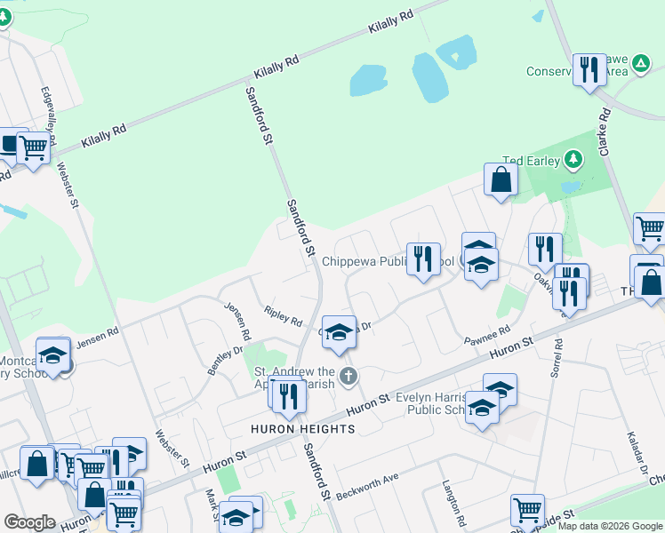 map of restaurants, bars, coffee shops, grocery stores, and more near 1386 Sandford Street in London