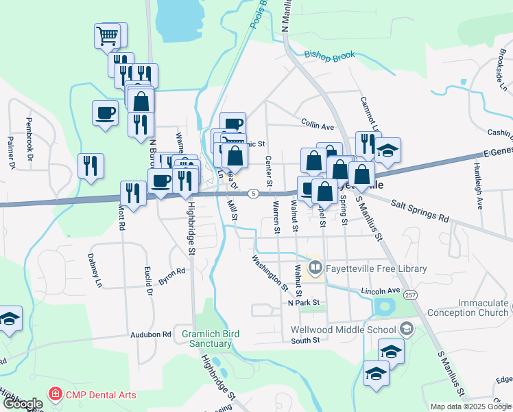 map of restaurants, bars, coffee shops, grocery stores, and more near 114 East Genesee Street in Fayetteville