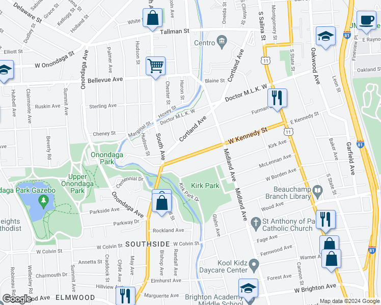 map of restaurants, bars, coffee shops, grocery stores, and more near 340 New York 175 in Syracuse
