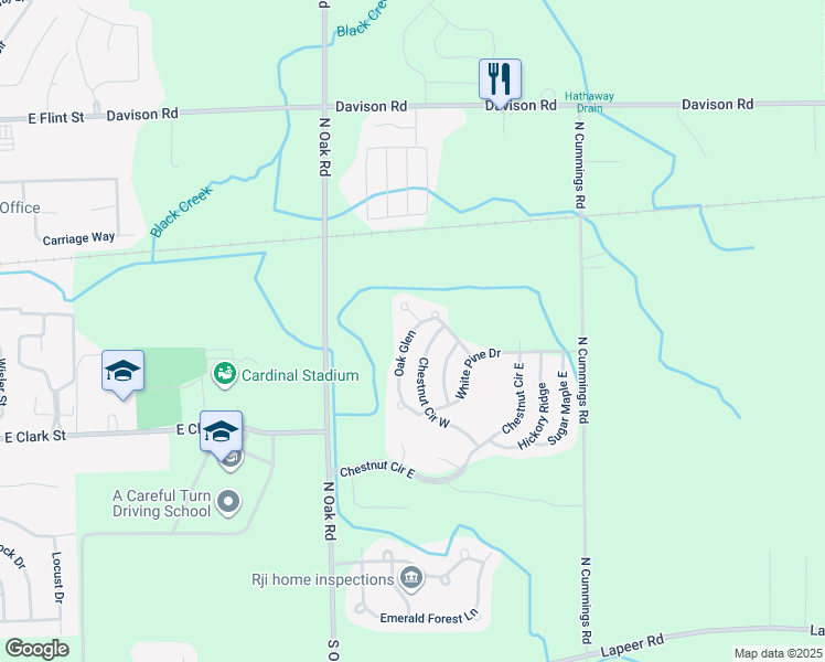 map of restaurants, bars, coffee shops, grocery stores, and more near Oak Glen in Davison