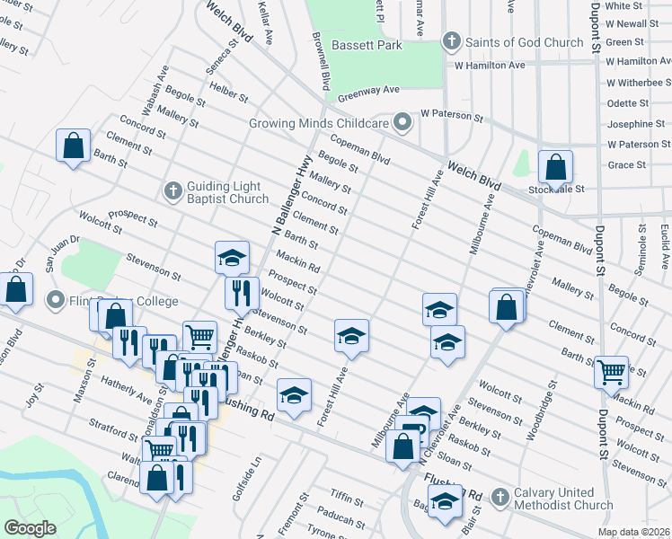 map of restaurants, bars, coffee shops, grocery stores, and more near 2721 Barth Street in Flint