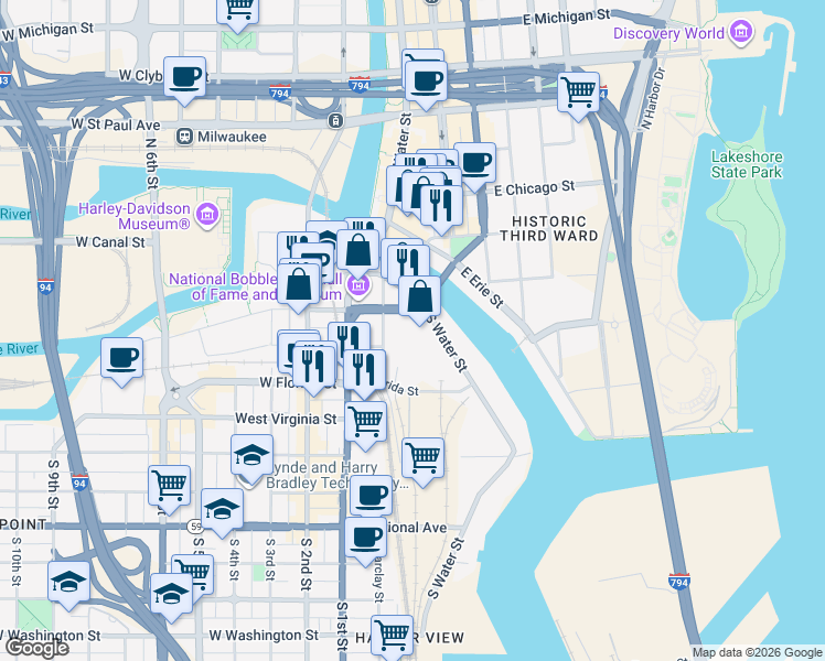 map of restaurants, bars, coffee shops, grocery stores, and more near 201 East Pittsburgh Avenue in Milwaukee