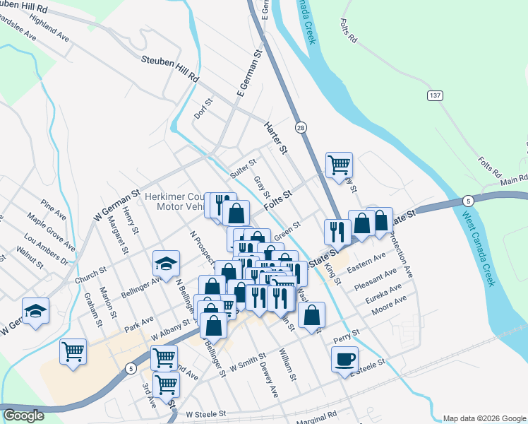 map of restaurants, bars, coffee shops, grocery stores, and more near 209 Folts Street in Herkimer