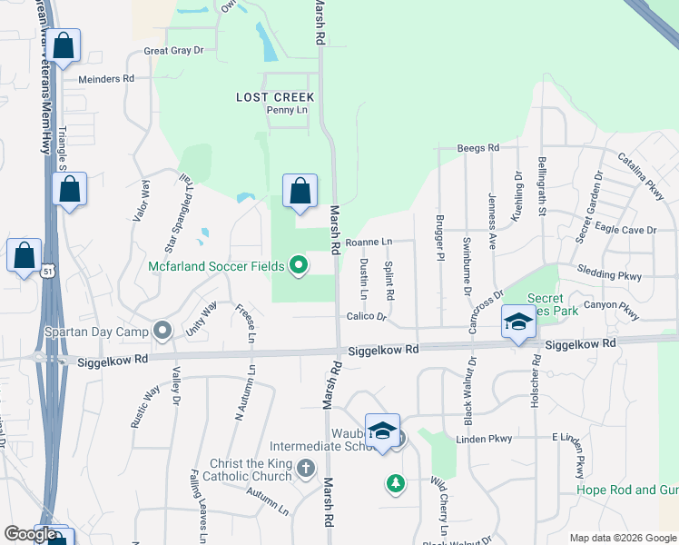 map of restaurants, bars, coffee shops, grocery stores, and more near 4801 Marsh Road in Madison