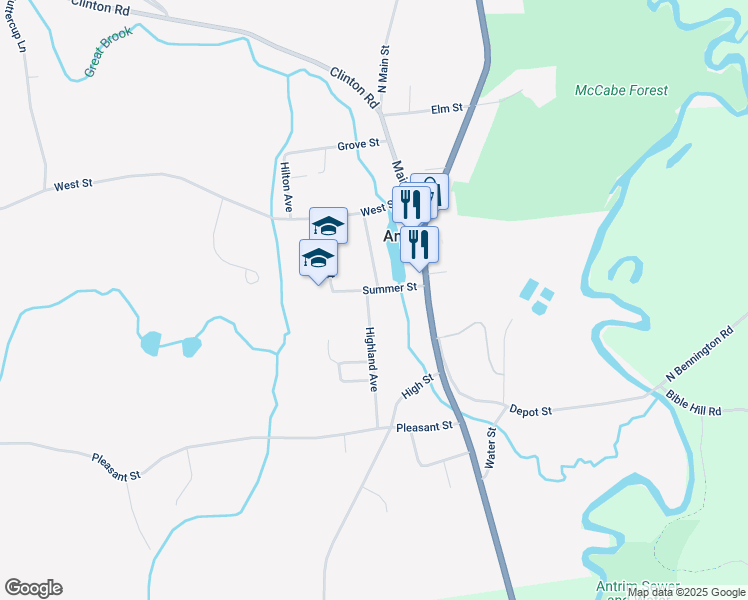 map of restaurants, bars, coffee shops, grocery stores, and more near 14 Summer Street in Antrim