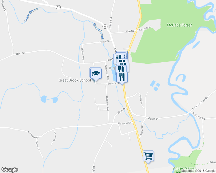 map of restaurants, bars, coffee shops, grocery stores, and more near 14 Summer Street in Antrim