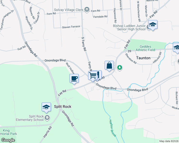 map of restaurants, bars, coffee shops, grocery stores, and more near 5315 Terry Road in Syracuse