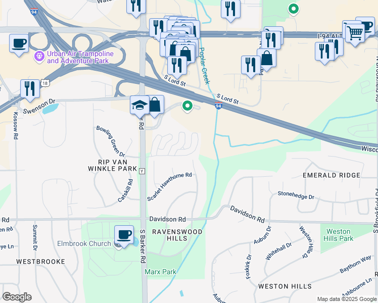 map of restaurants, bars, coffee shops, grocery stores, and more near 360 Terrace Drive West in Brookfield