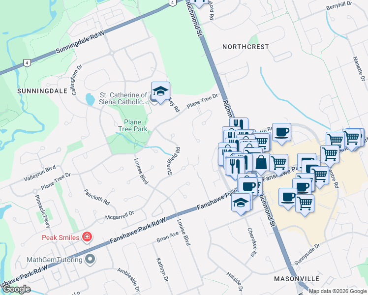 map of restaurants, bars, coffee shops, grocery stores, and more near 1886 Standfield Road in London