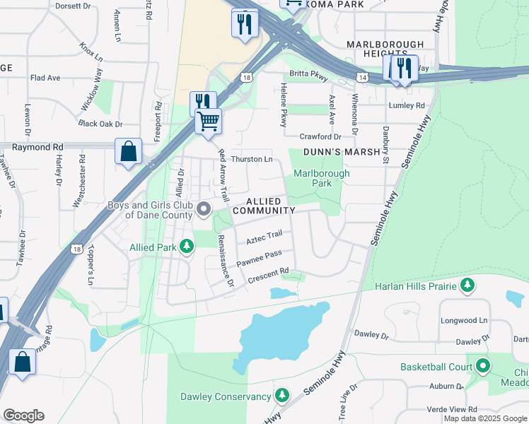 map of restaurants, bars, coffee shops, grocery stores, and more near 4518 Sentinel Pass in Fitchburg