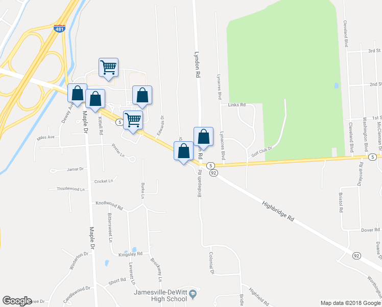 map of restaurants, bars, coffee shops, grocery stores, and more near 6883 East Genesee Street in Fayetteville