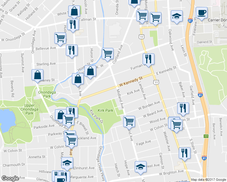 map of restaurants, bars, coffee shops, grocery stores, and more near 309 West Kennedy Street in Syracuse