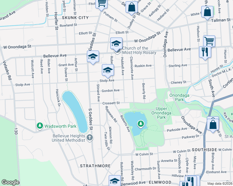 map of restaurants, bars, coffee shops, grocery stores, and more near 123-25 Gordon Ave in Syracuse