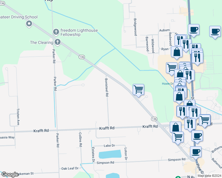 map of restaurants, bars, coffee shops, grocery stores, and more near 4144 Bonisteel Road in Fort Gratiot charter Township